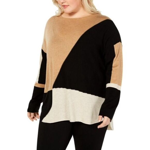 Women’s Tunic Lightweight Tan & Black Colorblock Sweater Size 3X New With Tags - Picture 1 of 14